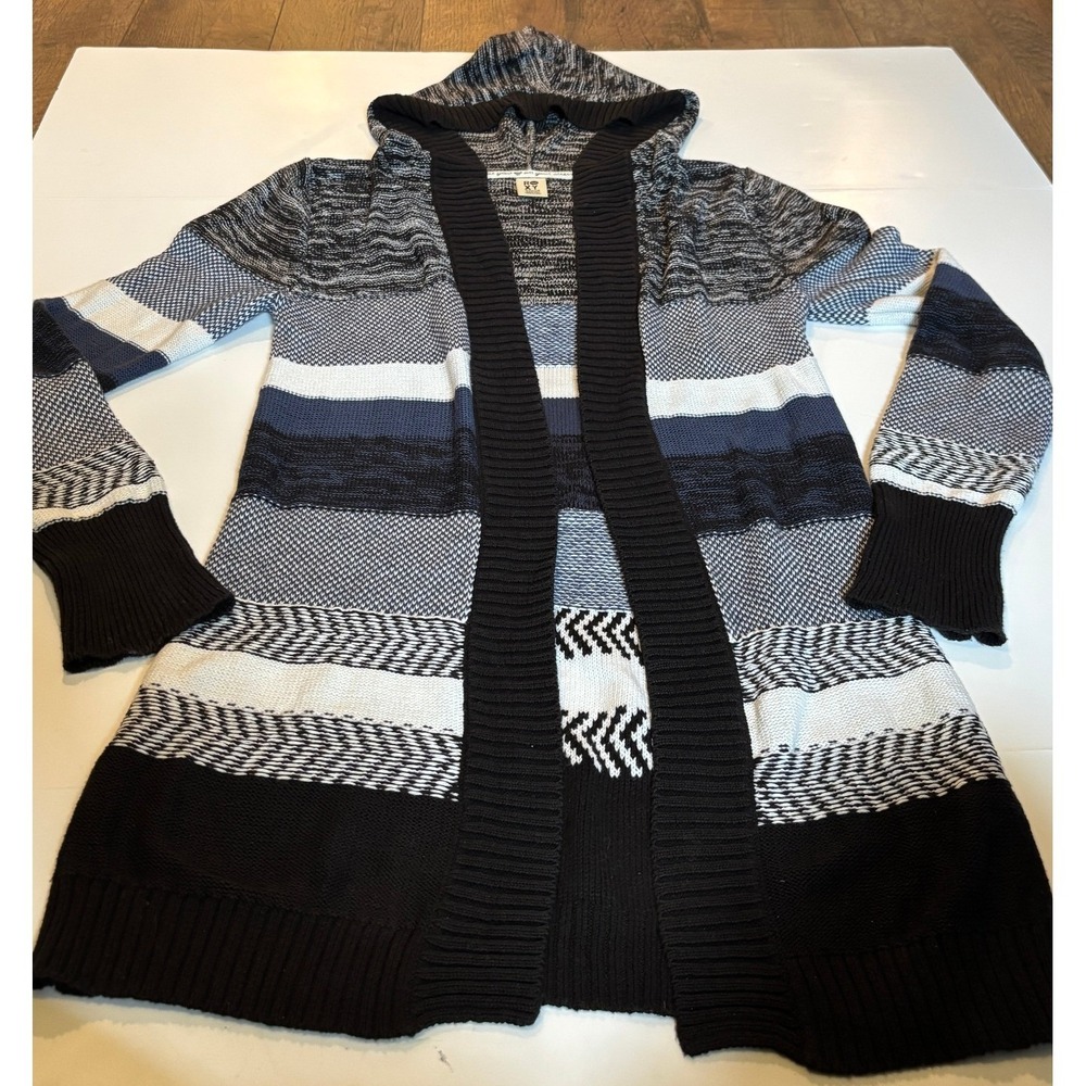 Roxy Hooded Open Front Cardigan Sweater Black White Blue Striped Knit Medium